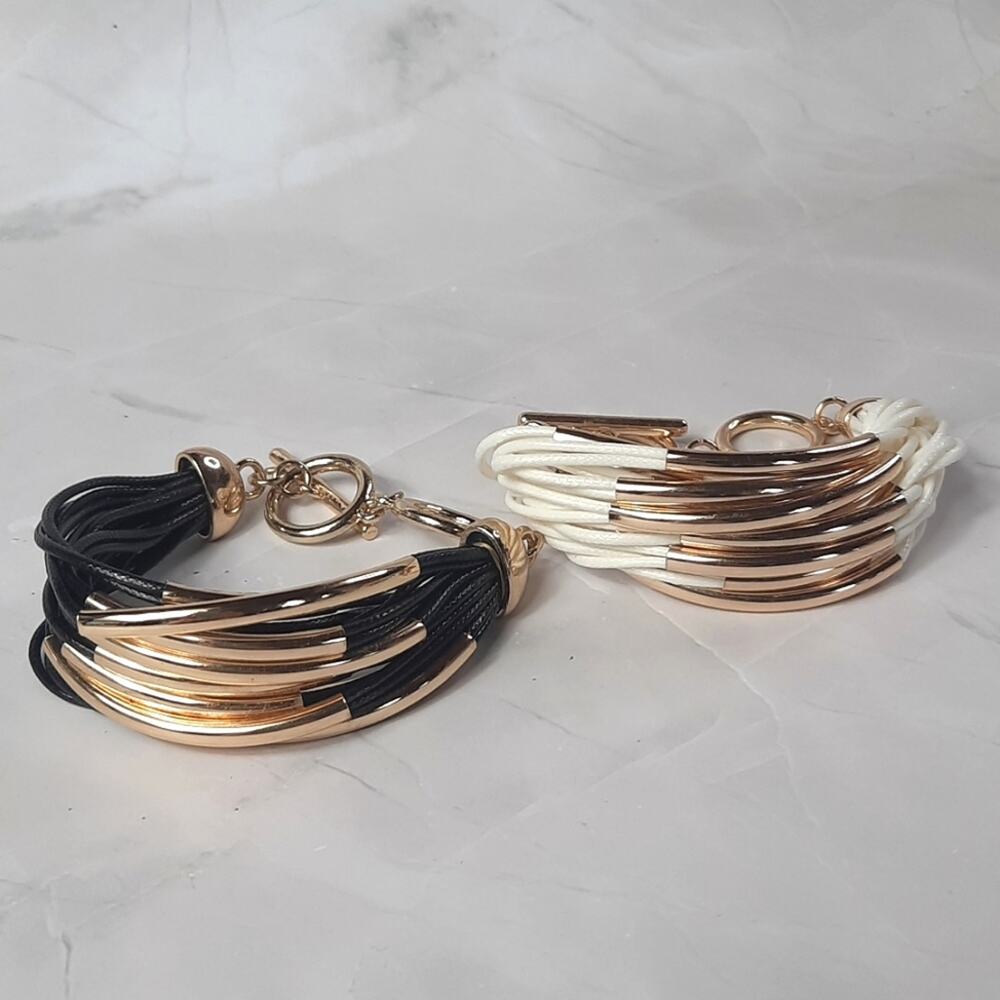 Time and Tru Corded Bracelets Set of Two Gold With Black/White